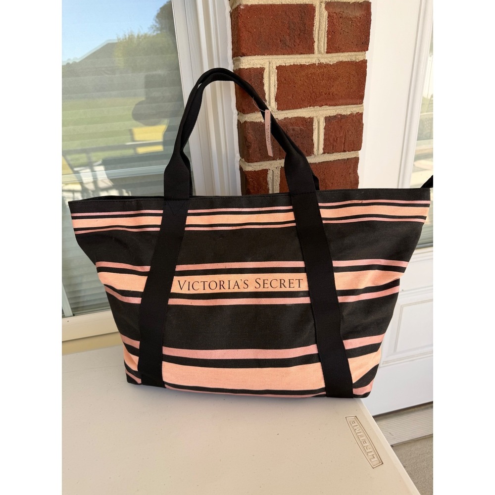 Victoria's Secret Black Pink Striped Canvas Tote Bag NWT 11139458